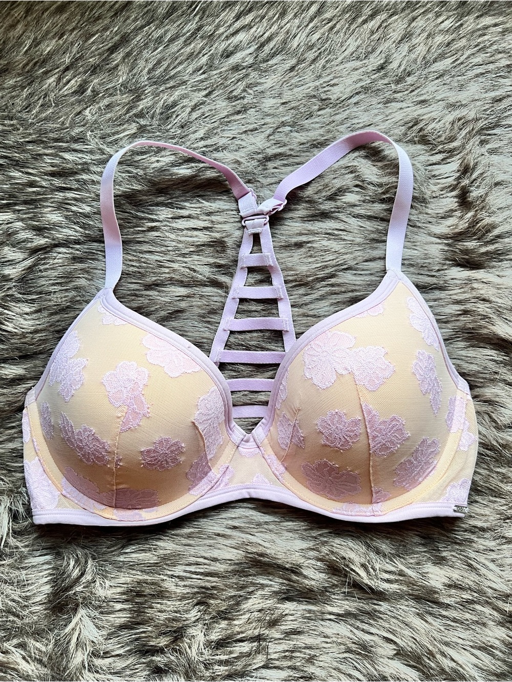 PINK Victoria's Secret purple & Cream Lace-Overlay Push-Up Bra with Ladder Back